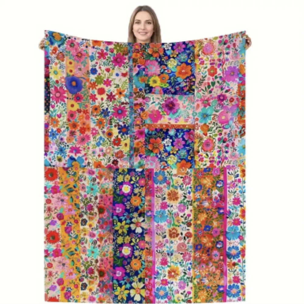 Floral Colorful Blanket Twin Soft Fleece Patchwork Print Pink Orange White Blue - Picture 6 of 8